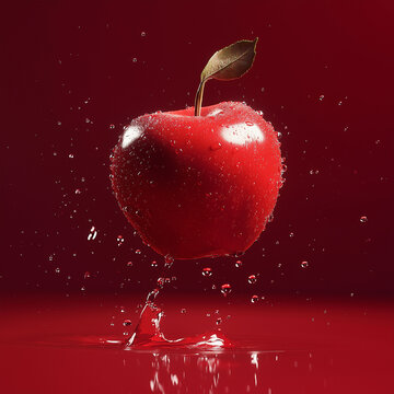 Red apple falling into water with splash on red background, studio shot