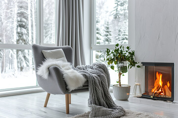 Naklejka premium Minimalist home interior design of modern living room with grey fabric lounge chair in light interior with fireplace while snowing outside. 