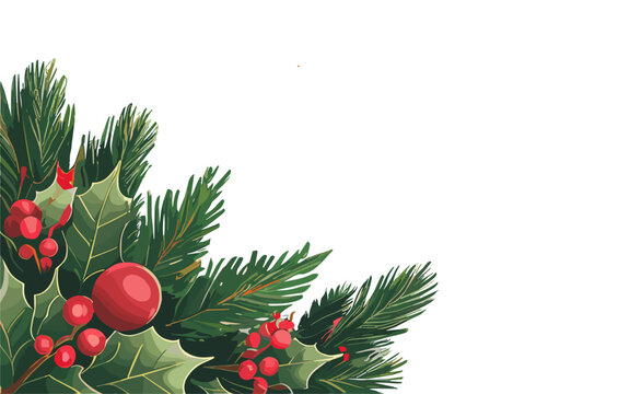 Christmas corner, border, overlay with winter fir branches, holly leaves and berries isolated on transparent background.  Modern botanical flat vector illustration, banner