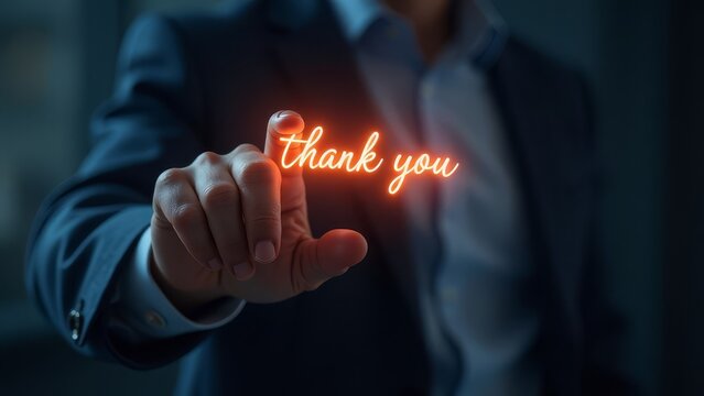 Interactive thank you gesture with glowing text in business attire