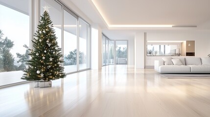 Naklejka premium A large, empty living room with a Christmas tree in the corner. The room is very clean and has a modern, minimalist design