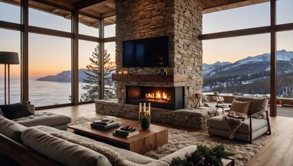 Naklejka premium A luxurious modern mountain home interior with a large floor-to-ceiling window showcasing a breathtaking snowy view