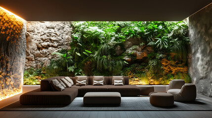 Naklejka premium brown sofa and armchairs placed on the floor in front of a stone wall, with green plants behind it. 