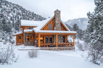 Naklejka premium Wooden mountain cabin covered in snow during snowfall