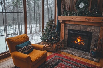 Naklejka premium Cozy christmas interior with burning fireplace and snowy forest view