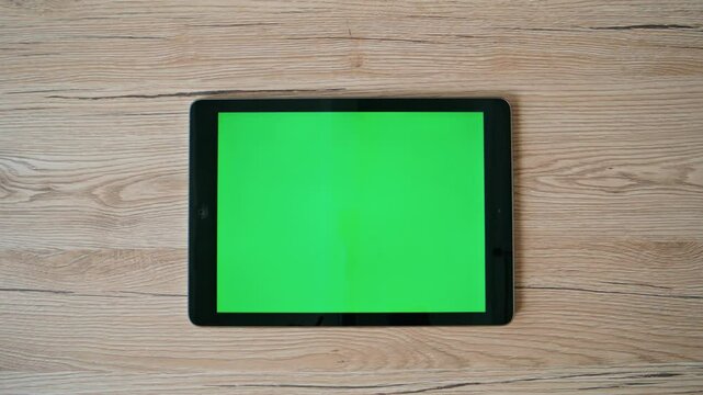 Hand browsing video green screen tablet placed on wooden home table closeup.