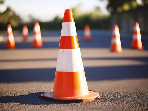 Orange traffic cones positioned on asphalt parking lot. Daytime scene outdoors. Construction zone road work likely. Focus on single cone in foreground. Parking lot area. Safety measures visible.