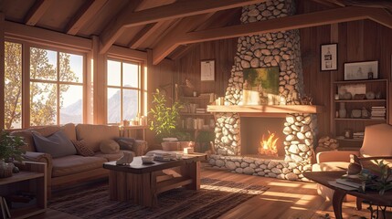 Naklejka premium Cozy Cabin Living Room Fireplace Sunset View