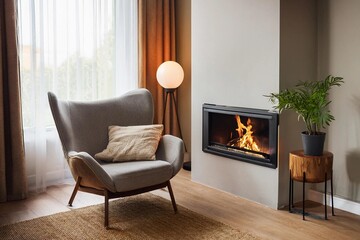 Naklejka premium Cozy hotel room with electric fireplace, withside table, close to soft and comfortable armchair. Slow living aesthetic, rest and recreation moments at home