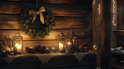 Naklejka premium A cozy log cabin featuring natural decorations like pine cones and burlap, with a simple wreath and flickering lanterns completing the rustic holiday vibe.