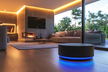 Naklejka premium Smart speaker assistant controlling modern living room with fireplace and sofa