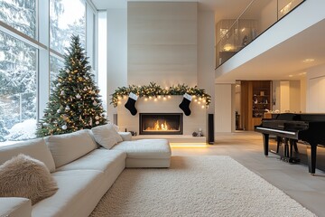 Naklejka premium Modern Christmas living room with white carpet, large window, Christmas tree, fireplace, piano, baby grand piano, and black stockings.