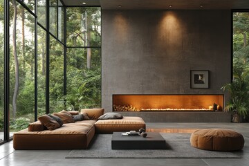 Naklejka premium Modern living room with fireplace, large windows, and forest view.