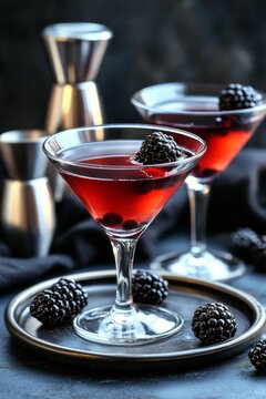  Dos copas de martini con cóctel rojo oscuro decoradas con moras frescas. Fondo oscuro con accesorios de bar.
