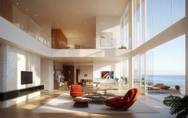 Naklejka premium Modern luxury home interior with ocean view, double-height ceilings, and minimalist design.