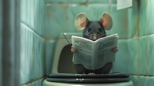 Mouse reads an article while sat nicely on a seat in the toilet area