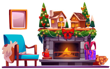 Naklejka premium House fireplace in Christmas interior cartoon. Cozy winter xmas decoration with garland, present and armchair. New Year holiday celebration in decorated apartment with fire place illustration