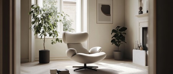 Naklejka premium Modern Living Room Featuring Comfortable Swivel Chair and Plants