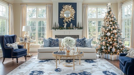 Naklejka premium Elegant living room with Christmas tree, fireplace, and blue and gold decor.