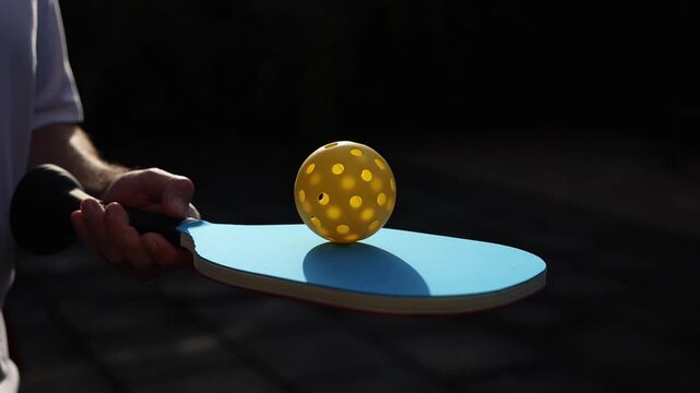 Pickle ball spinning in slow motion on a racket