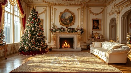 Naklejka premium Elegant royal room with fire place. luxury soft sofa near chrismas tree. classic room decorated for new year