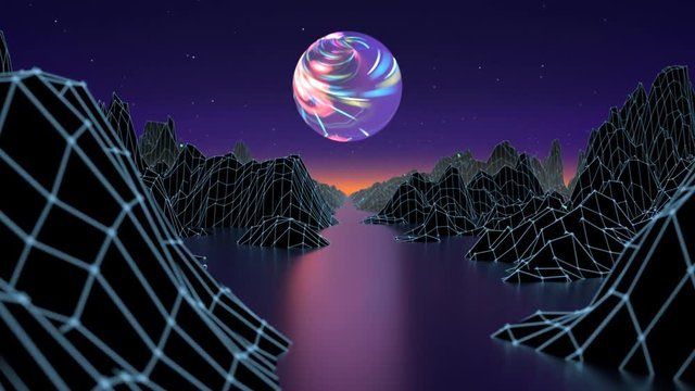 Hipster game from 80's cyber futuristic motion graphics. Digital oldschool game landscape wave animation with moon and space mountains. Laser grid on terrain surface moving in a cyber world. Seamless