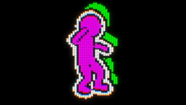 Seamless funny animation of a dancing videogame character isolated with black background.  Chromatic aberration screen pixel style backdrop.