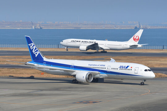 Tokyo, Japan - January 12, 2020:All Nippon Airways (ANA) Boeing B787-9 Dreamliner (JA830A) passenger plane.