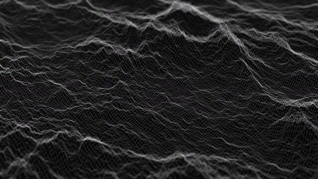 Flowing smooth Plexus terrain waves background. Grid, mesh of dots and lines. Big data connection. Seamless loop animation