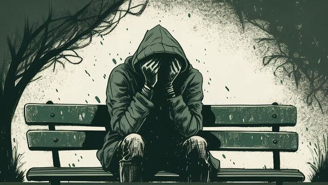 animation of a man sitting on park bench and covering his face with hands. he is depressed and sad. mental health concept.