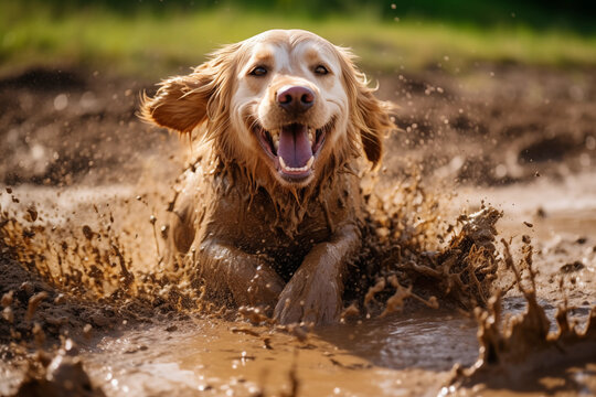 Golden Retriever springt glücklich durch den Schlamm, Junger Hund spielt in der schlammigen und dreckigen Pfütze