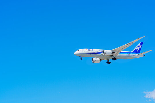 Los Angeles, California - April 9, 2024: ANA Plane Landing at Los Angeles Airport