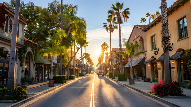 Sun shines on the historic downtown district of Santa Ana, California, USA