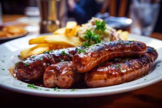 Close up of bratwurst served on plate