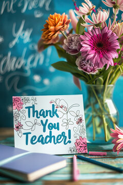 Thank you teacher card with vibrant flower arrangement