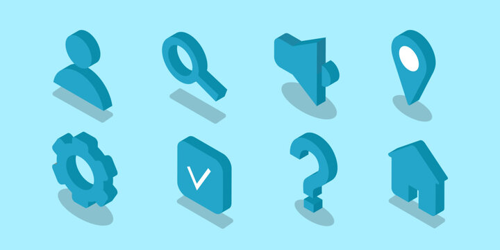 User profile Isometric icon set. Account management 3D vector icons in blue color. Search, settings, home page and more signs for app or web