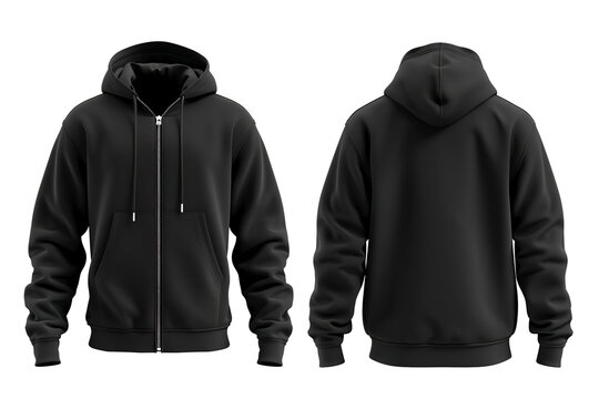 Black hoodie mockup, front and back view, isolated on white background.