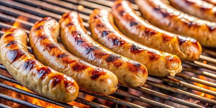 Traditional German bratwurst sausages on a grill , grilled, meat, food, barbecue, traditional, German, meal, savory, pork