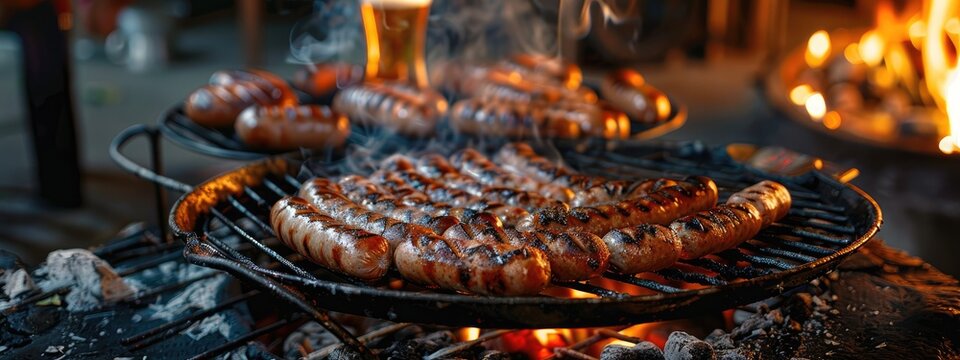 fried sausages and beer. selective focus