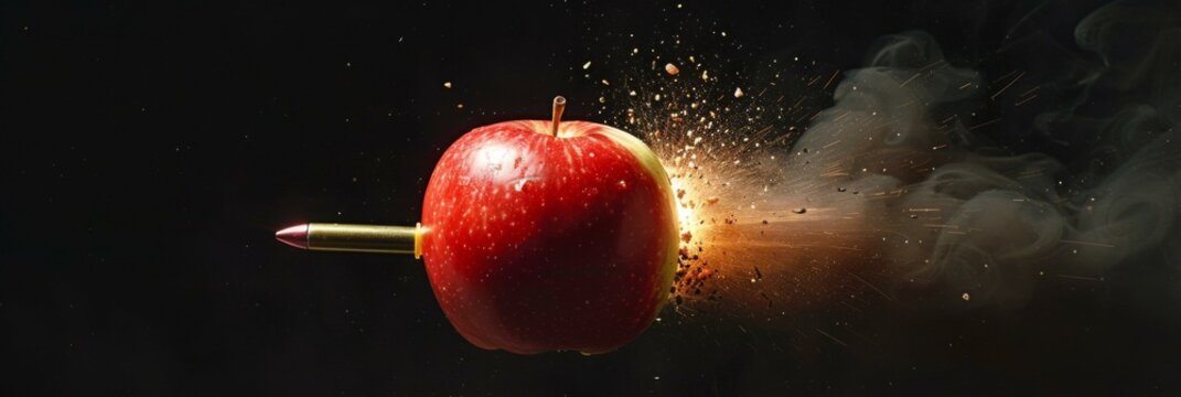 An apple with a bullet hole in it exploding. AI.