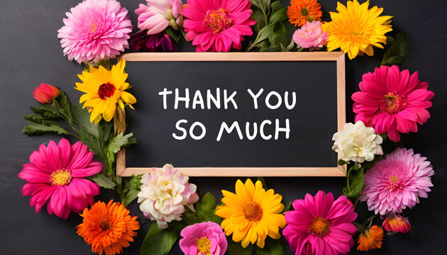 Blackboard thank you so much message dark background concept with flowers generative ai 