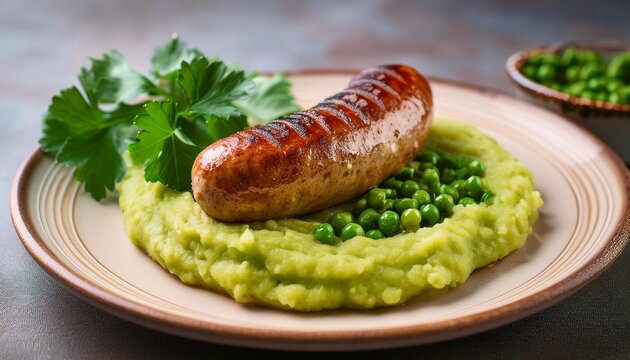 Vegan bratwurst with pea puree