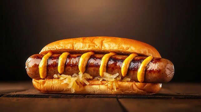 Juicy bratwurst sausages on a bun with sauerkraut, dripping with mustard, hearty and satisfying