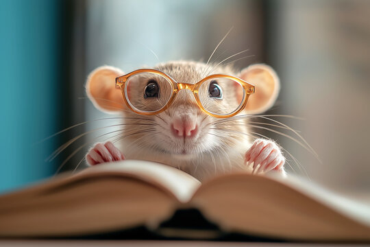 A curious rat reading a book while wearing glasses