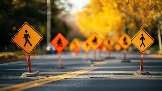  Multiple pedestrian warning signs placed along a road in a construction zone, signaling drivers to slow down for safety.