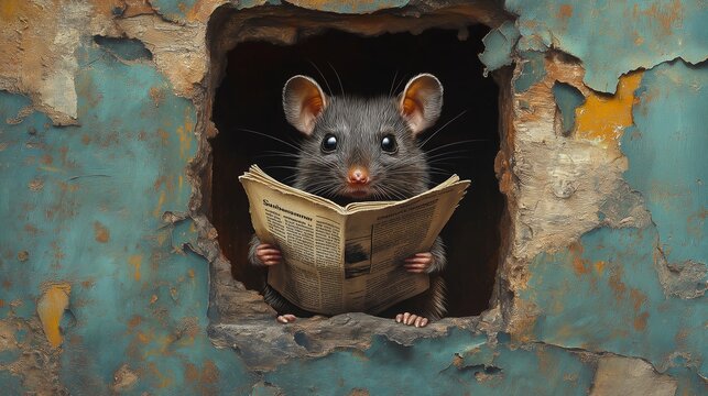 A mouse is holding a newspaper in its mouth. The image has a playful and whimsical mood, as the mouse is reading the paper in a unique and unexpected way