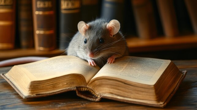 Cute rat reading interesting book sitting on wooden table