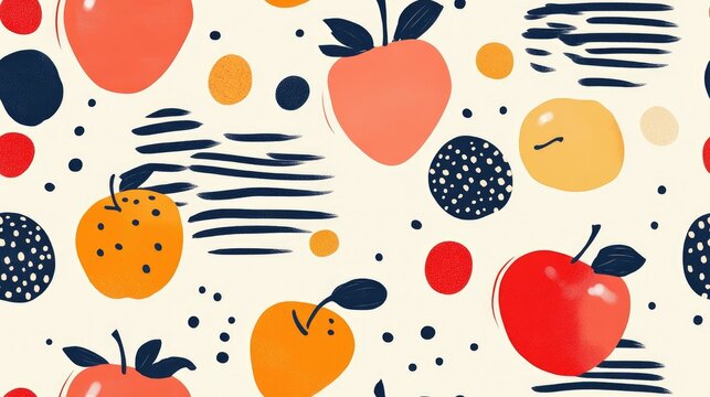 Horizontal seamless pattern featuring a fruit motif with apples spots holes and stripes Hand drawn