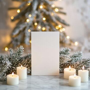 Blank vertical card mock up on a background with Christmas decor with flowers, candles and garlands