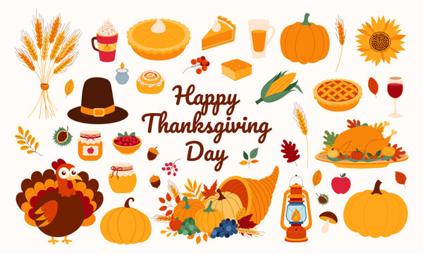 A colorful image of various Thanksgiving foods and decorations, including a turkey, pumpkin, and pie. The image is titled "Happy Thanksgiving Day" and conveys a warm and festive mood